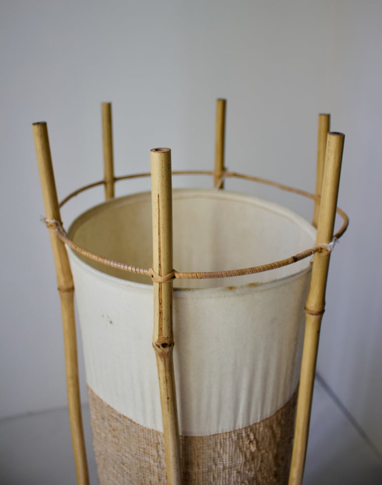 Image of Bamboo, Rattan and Cotton Mid-Century Lamp in the Style of Louis Sognot