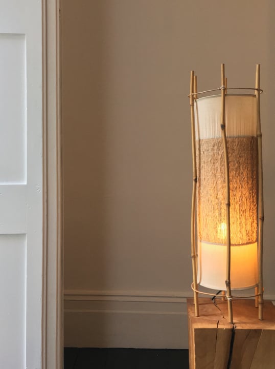 Image of Bamboo, Rattan and Cotton Mid-Century Lamp in the Style of Louis Sognot