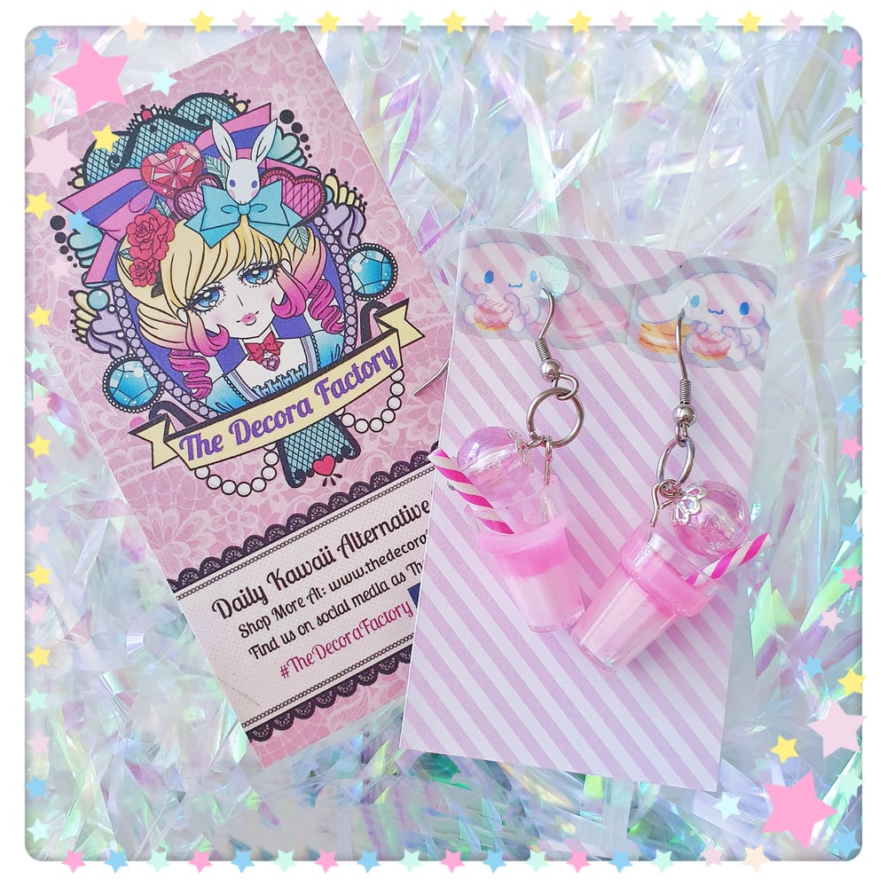 Image of Candy Syrup Kawaii Earrings - Milk Boba Tea and Pink Sherbet Sparkle!