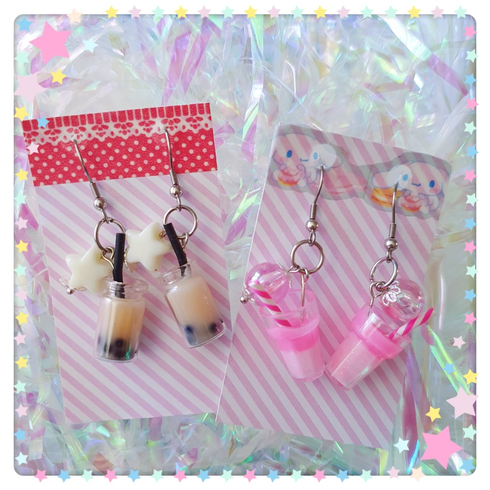 Image of Candy Syrup Kawaii Earrings - Milk Boba Tea and Pink Sherbet Sparkle!