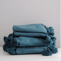 Image 1 of MOROCCAN POMPOM BLANKET - BLUE