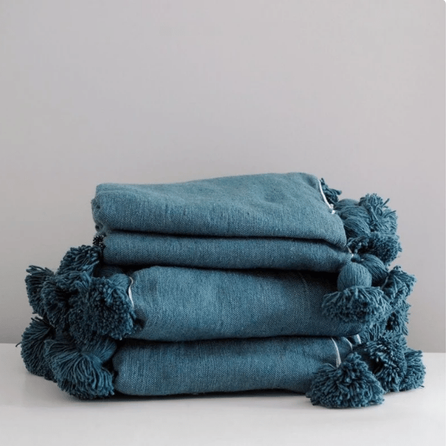 Image of MOROCCAN POMPOM BLANKET - BLUE