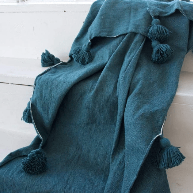 Image of MOROCCAN POMPOM BLANKET - BLUE