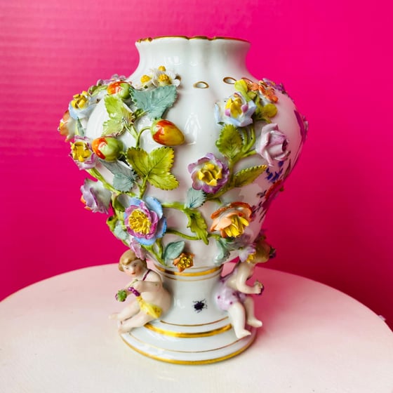 Image of Antique Flower Encrusted Porcelain Vase