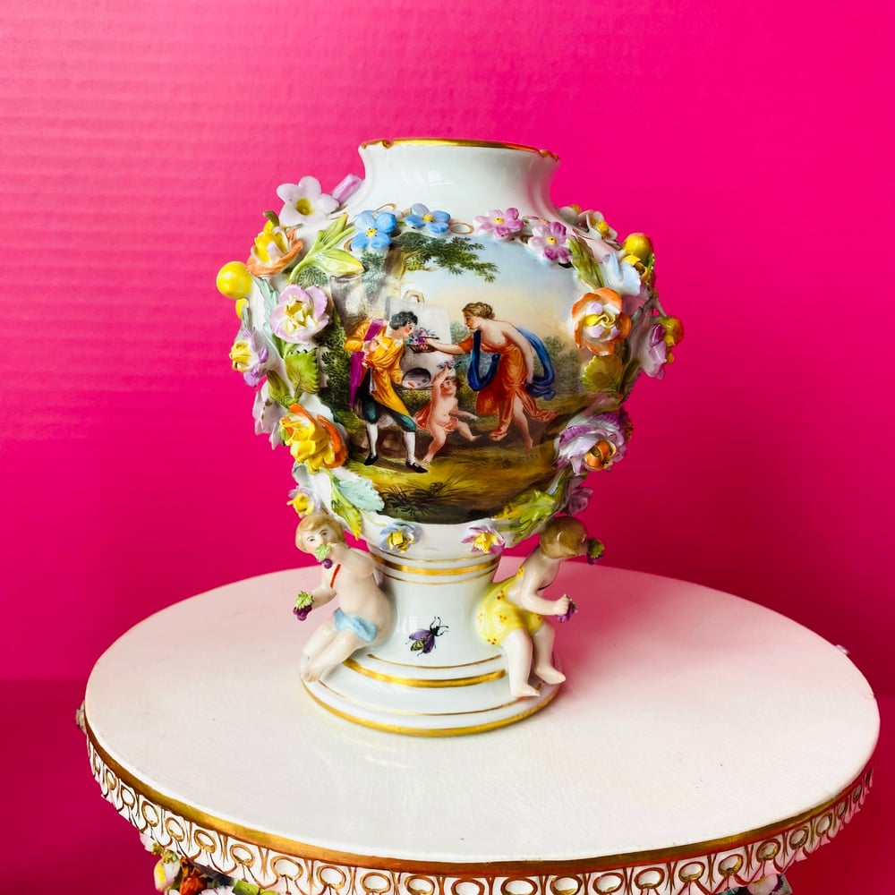 Image of Antique Flower Encrusted Porcelain Vase