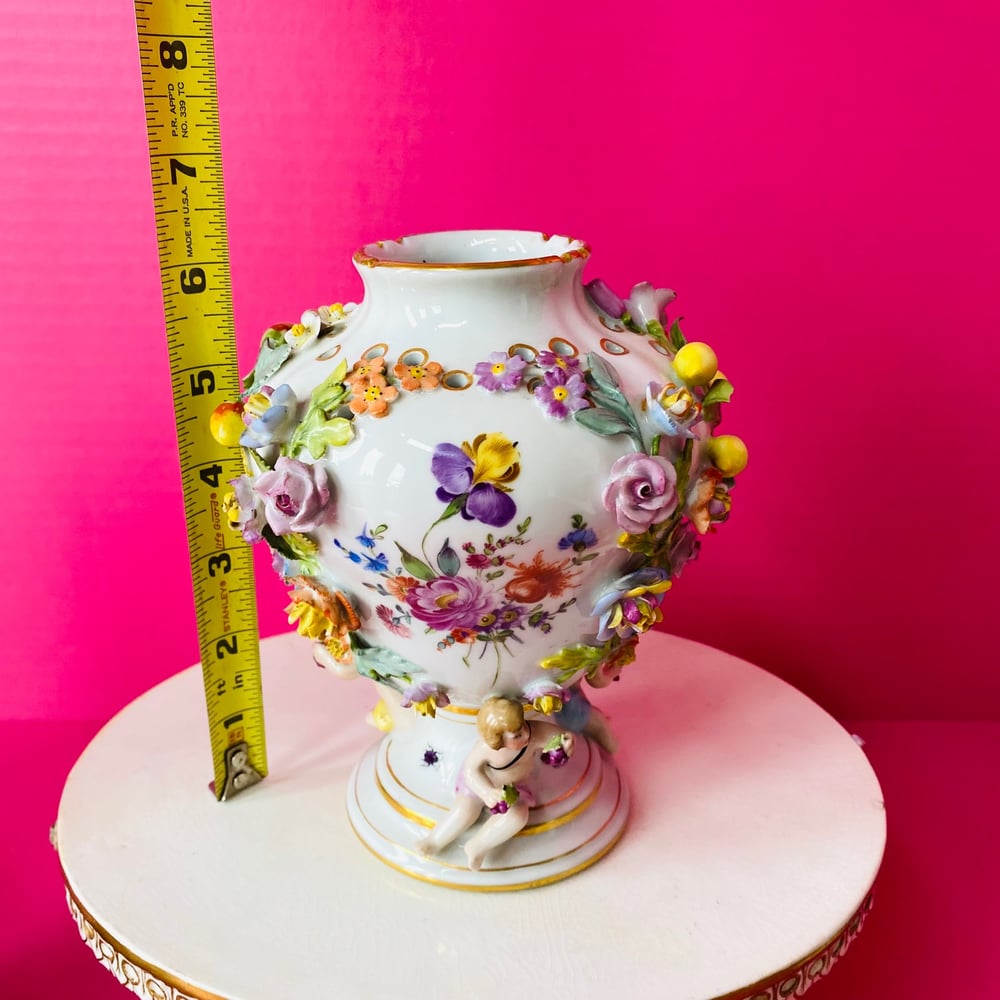 Image of Antique Flower Encrusted Porcelain Vase