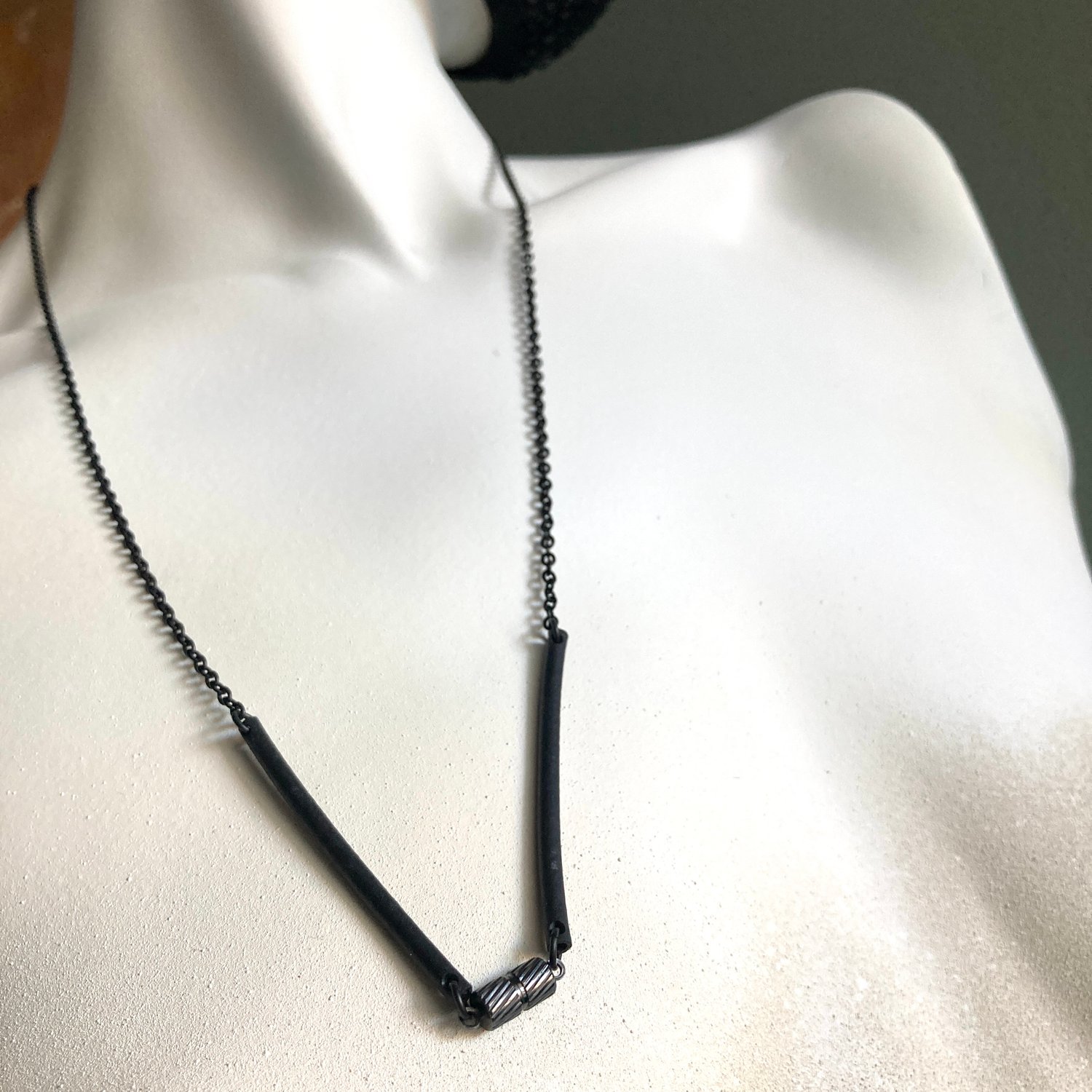Image of 26.5" Black Stainless and Rubber Convertible Necklace/Mask Chain with Gunmetal Barrel Magnet Clasp
