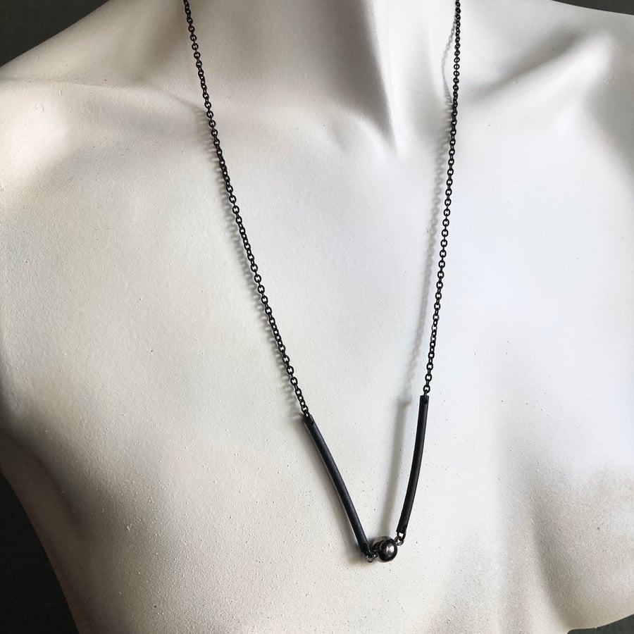 Image of 26.5" Black Stainless & Rubber Convertible Necklace/Mask Chain w/Gunmetal Ball Magnet 