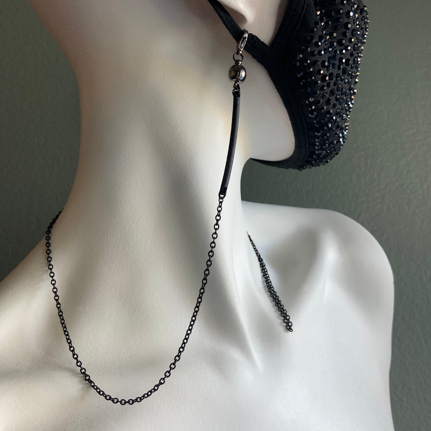 Image of 26.5" Black Stainless & Rubber Convertible Necklace/Mask Chain w/Gunmetal Ball Magnet 