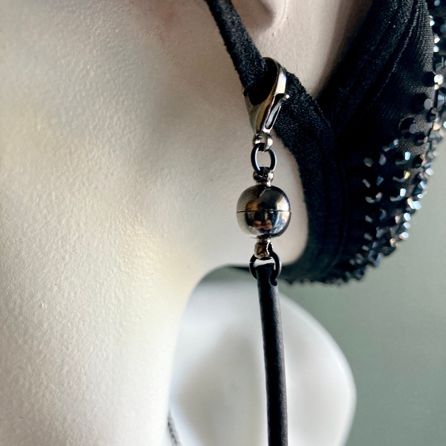Image of 26.5" Black Stainless & Rubber Convertible Necklace/Mask Chain w/Gunmetal Ball Magnet 