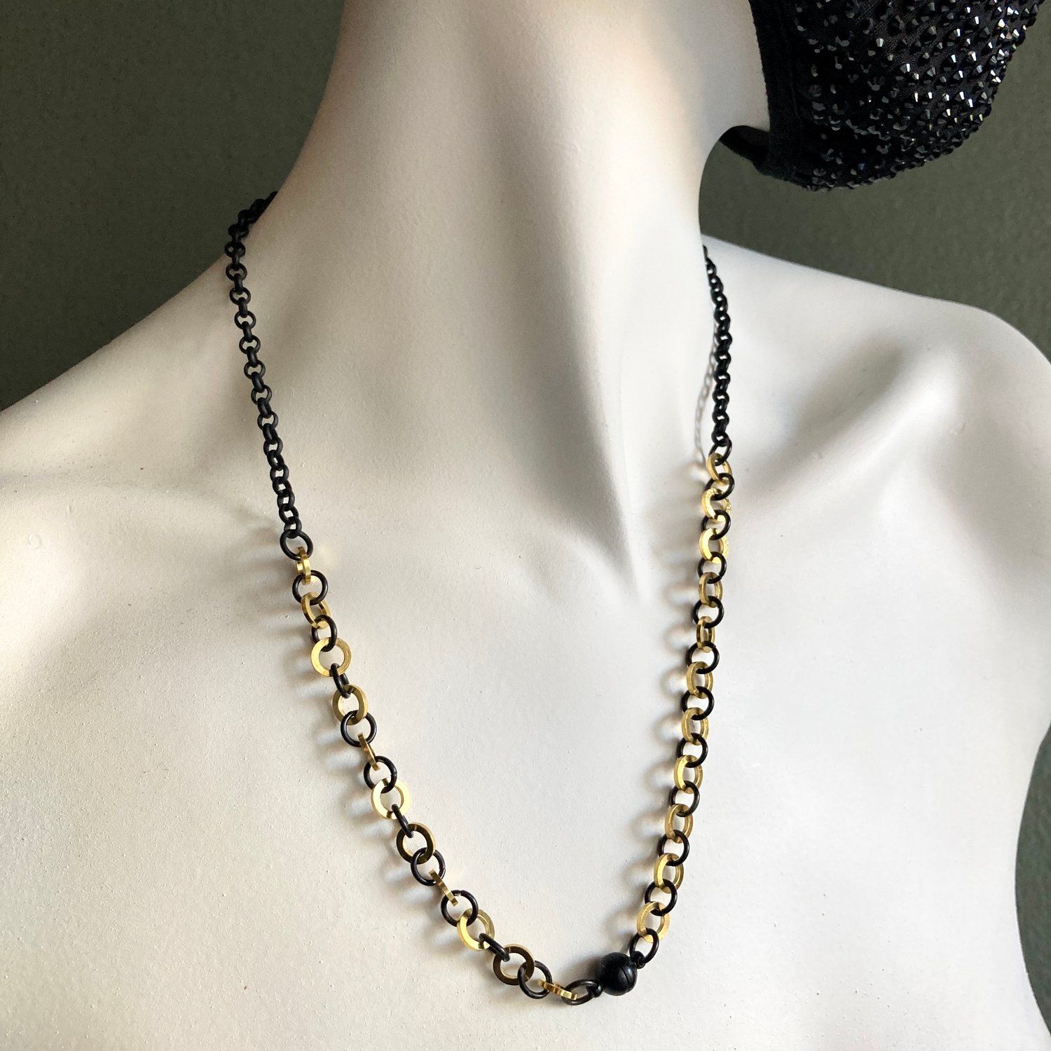 Image of  21.5" Matte Black & Gold Convertible Necklace/Mask Chain with Matte Black Ball Magnet Clasp