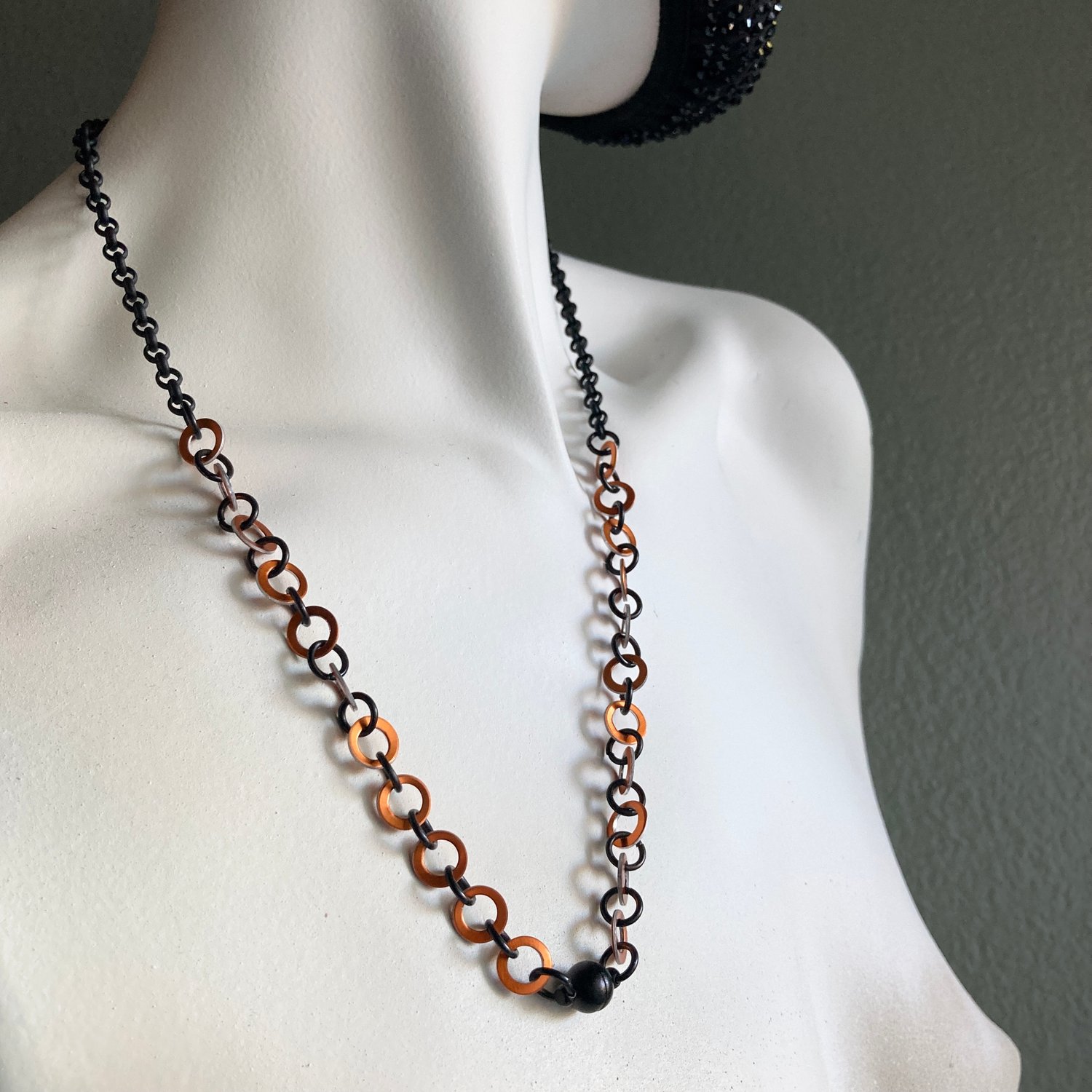 Image of 22" Matte Black & Orange Convertible Necklace/Mask Chain with Matte Black Ball Magnet Clasp