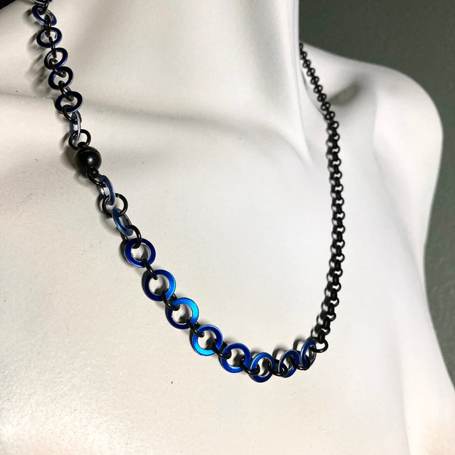 Image of 22" Matte Black & Blue Convertible Necklace/Mask Chain with Matte Black Ball Magnet Clasp