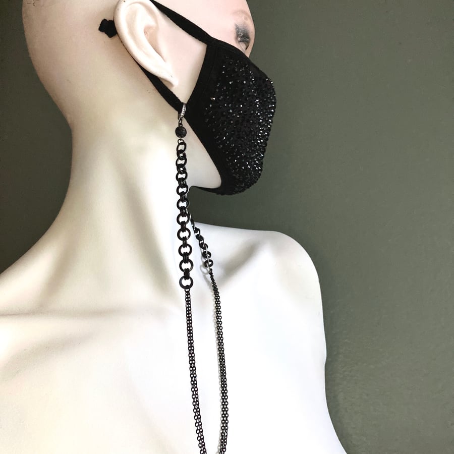Image of 18.5" All Black Stainless & Aluminum Convertible Necklace/Mask Chain with Black Pavé Clasp