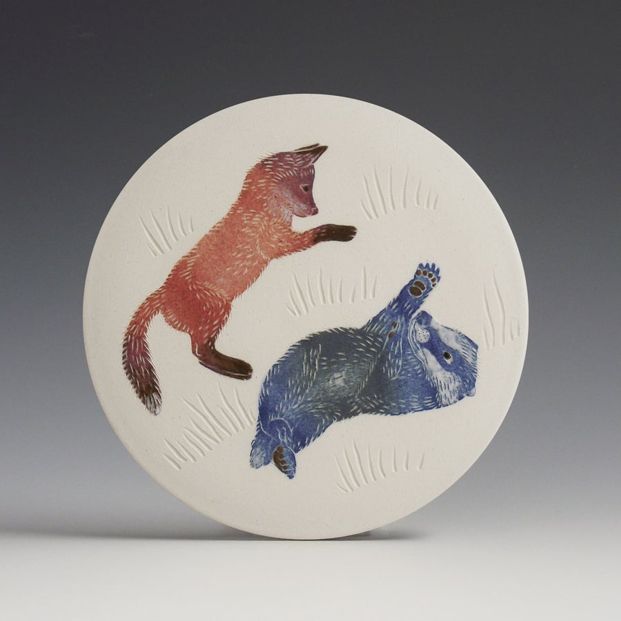 Image of Fox & badger cub ceramic wall hanging