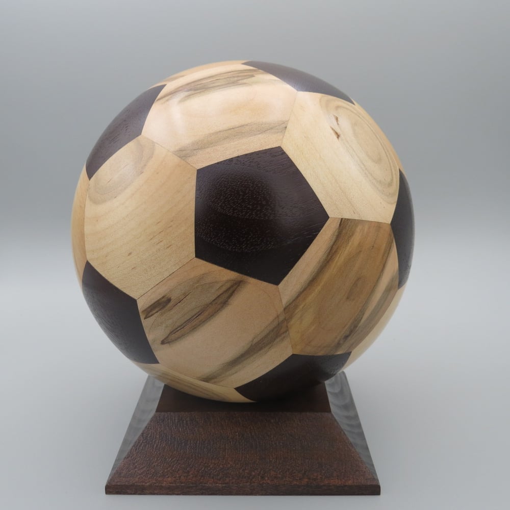 Image of Wood Soccer Ball Soft Maple and Roasted Walnut, High Variability, Semi-Gloss Varnish Finish