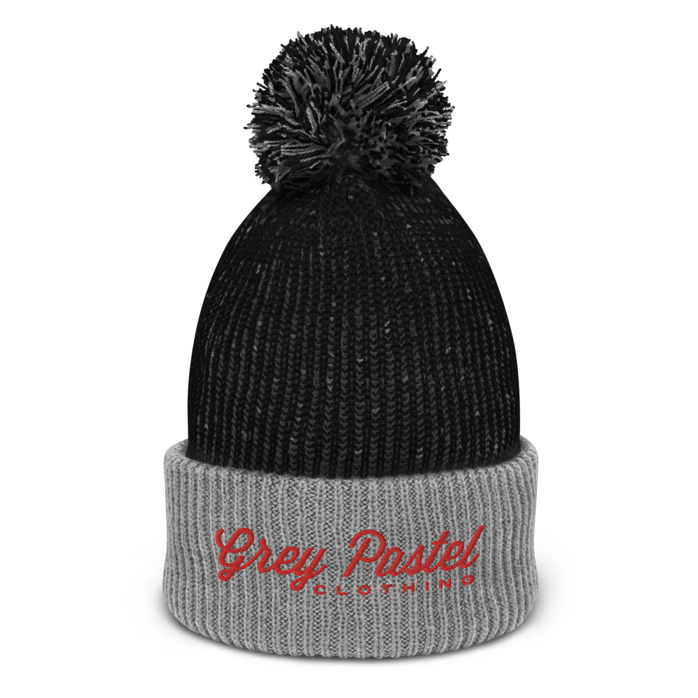 Grey Pastel "Signature" Embroidered Pom Beanie