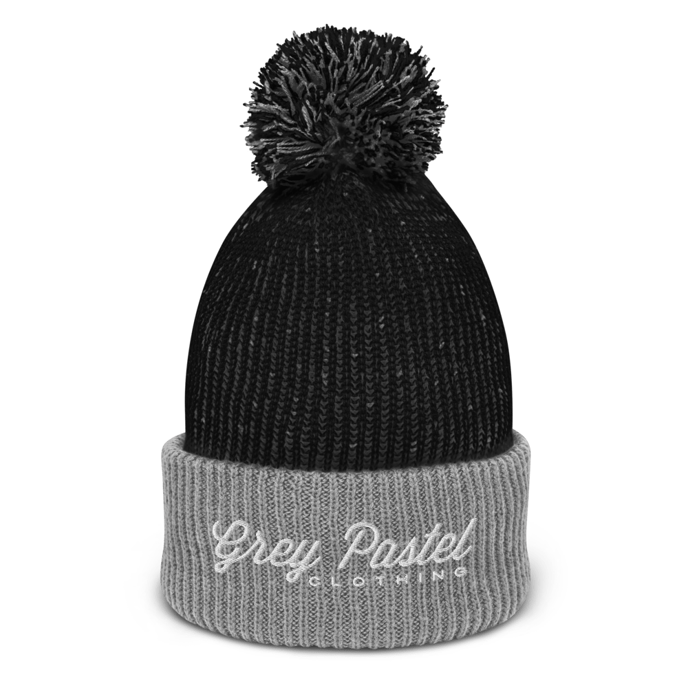Grey Pastel "Signature" Embroidered Pom Beanie