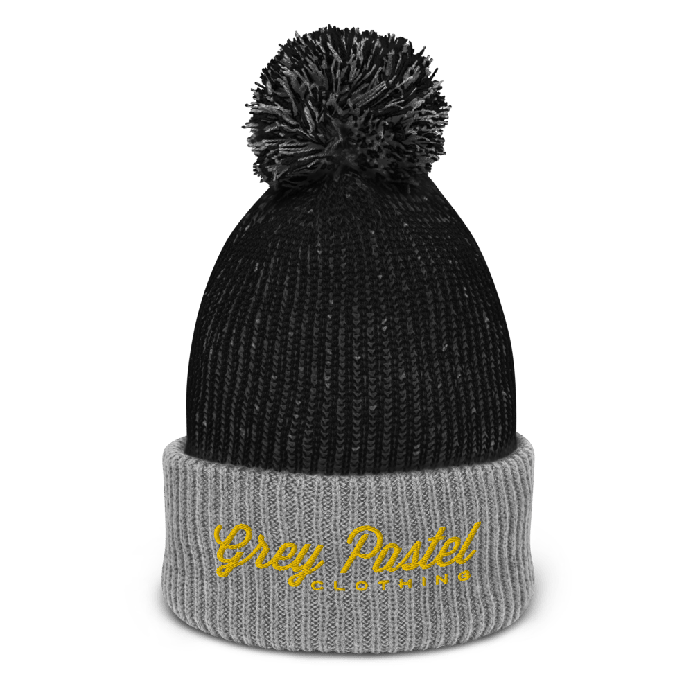 Grey Pastel "Signature" Embroidered Pom Beanie