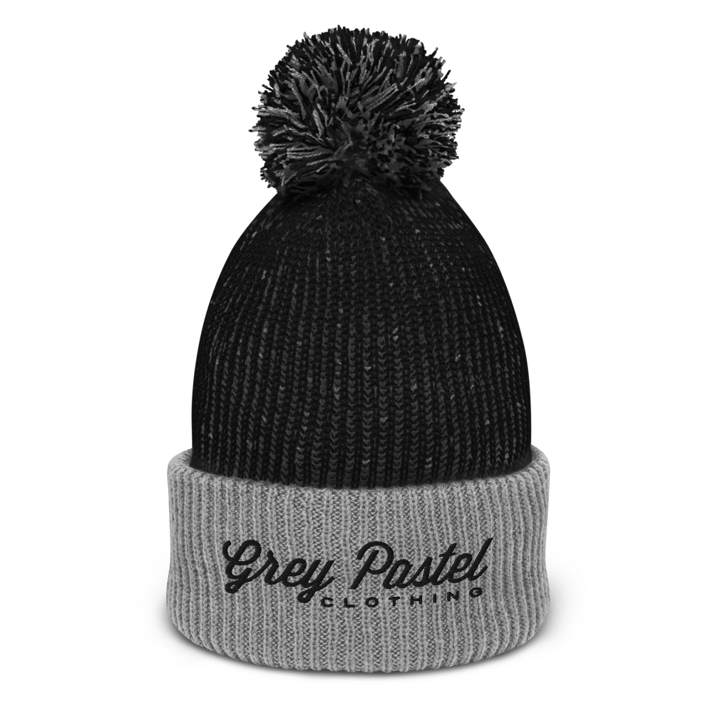 Grey Pastel "Signature" Embroidered Pom Beanie