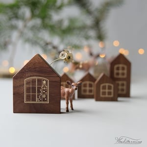 Image of Wooden Christmas village -elegant miniature wooden houses, hygge home decor - set of 5