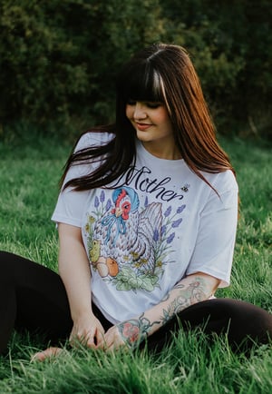 Image of Mother Hen Organic T-Shirt ~ White, Full Colour