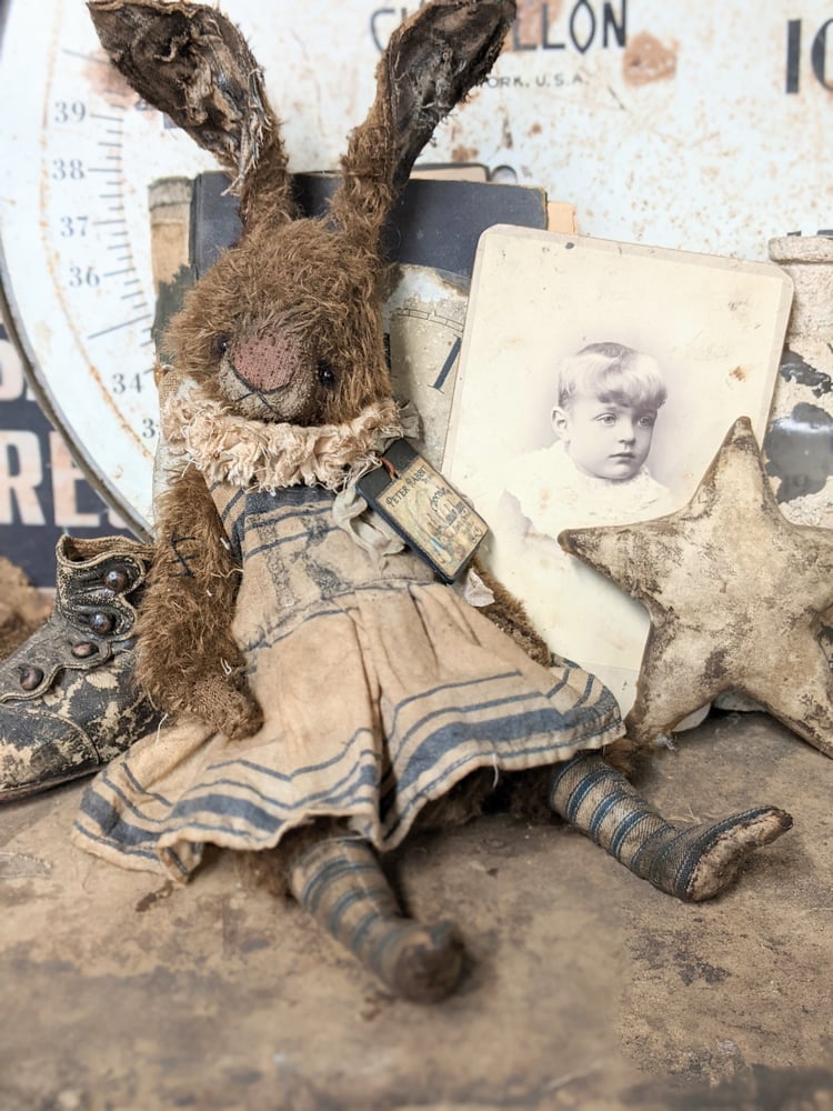 Image of 14" -Old Frumpy Primitive Chocolate Mohair Rabbit in Dress & Stockings by Whendi's Bears 
