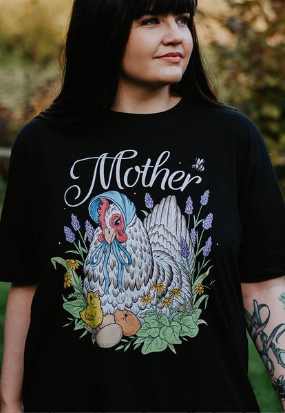 Image of Mother Hen Organic T-Shirt ~ Black, Full Colour