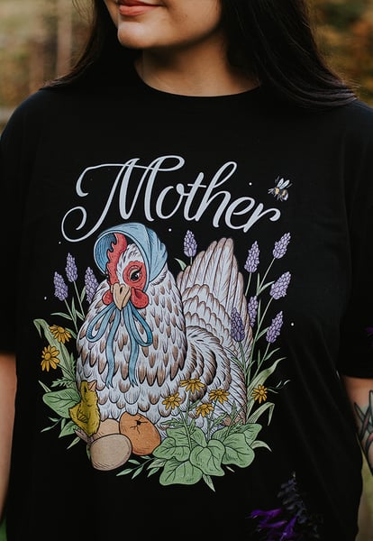 Image of Mother Hen Organic T-Shirt ~ Black, Full Colour