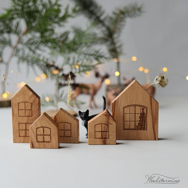 Image of Wooden Christmas village - elegant miniature wooden houses, hygge home decor - beech, set of 5