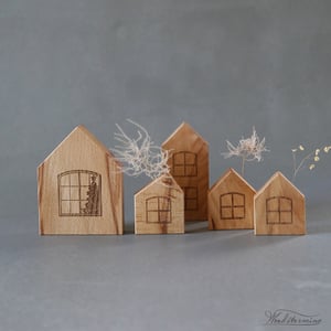 Image of Wooden Christmas village - elegant miniature wooden houses, hygge home decor - beech, set of 5