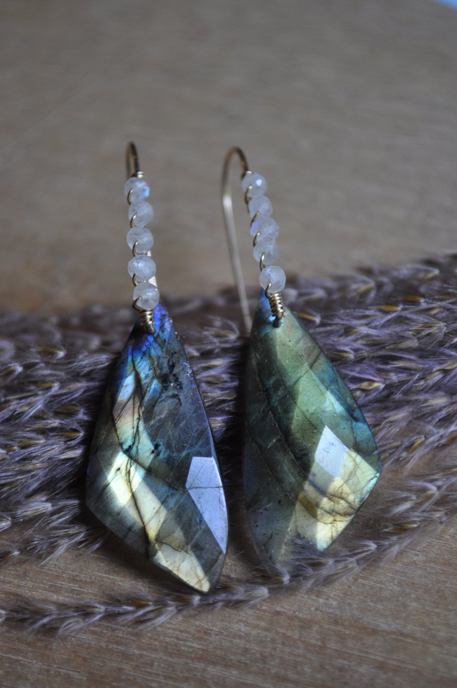 Image of Labradorite Wing Dangles with Rainbow Moonstone 
