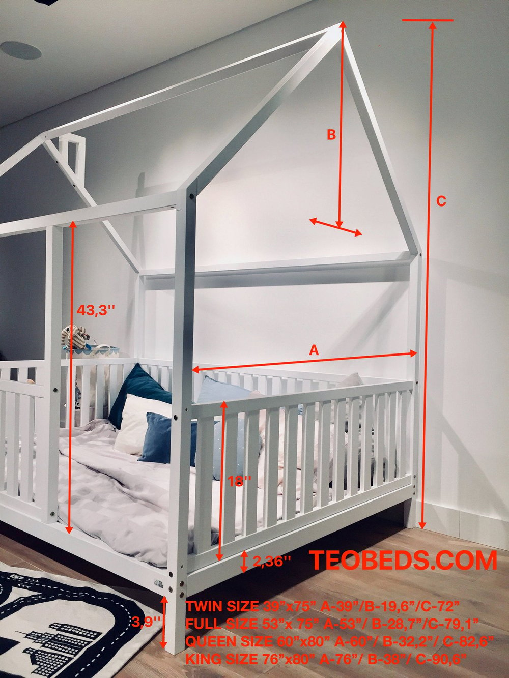 NON PAINTED WITH LEGS FULL Size toddler bed 53''x75'' with bed rails Teo Beds' FREE SHIPPING