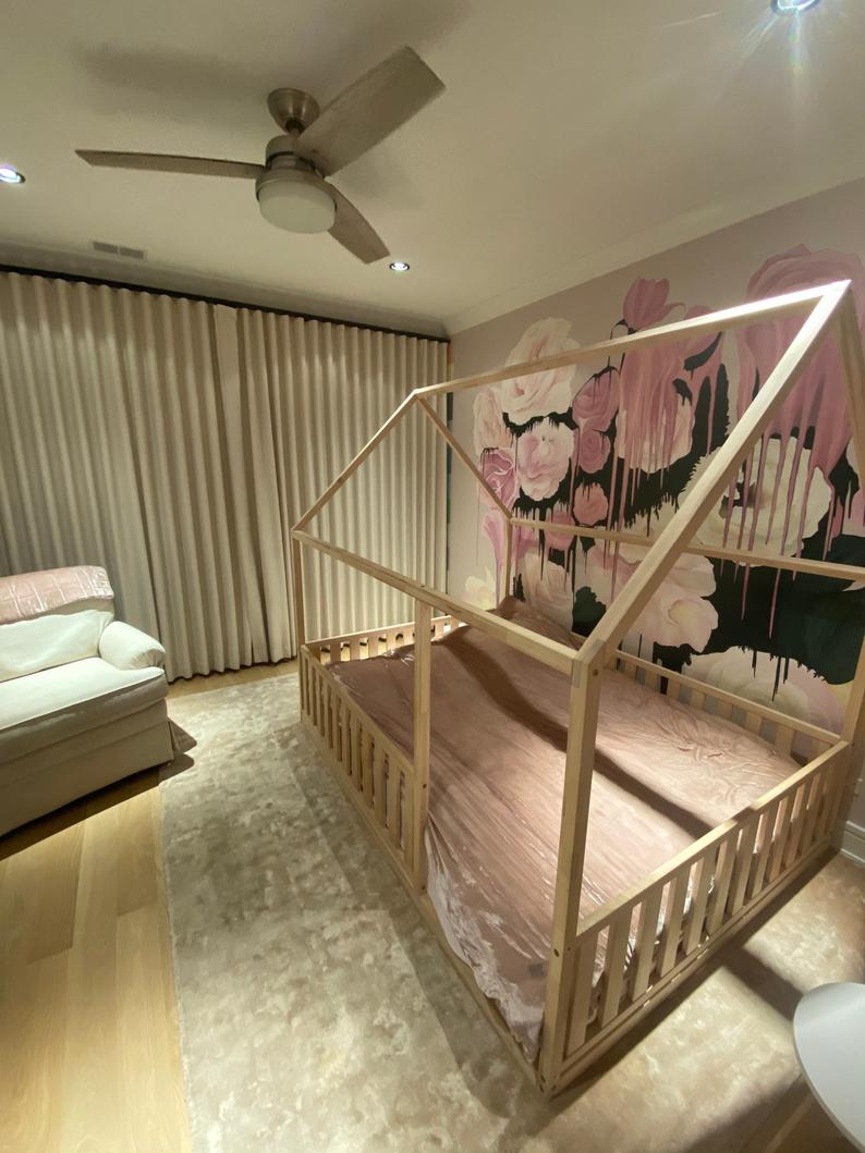 NON PAINTED QUEEN Size montessori bed 60x80" with bed rails' Teo Beds FREE SHIPPING
