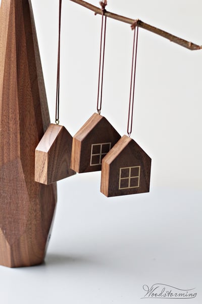 Image of Christmas tree ornaments - miniature houses to hang - set of 5