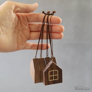 Image of Christmas tree ornaments - wooden miniature houses to hang - set of 5