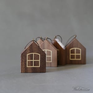 Image of Christmas tree ornaments - wooden miniature houses to hang - set of 5