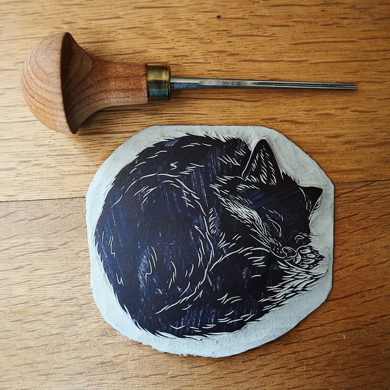 Take Time-Original Hand Carved and Printed Linocut Block Print of Sleeping  Fox 5 x 7 inches archival, signed. Unframed.