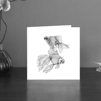 Image 1 of Black & white art card of two fancy fish