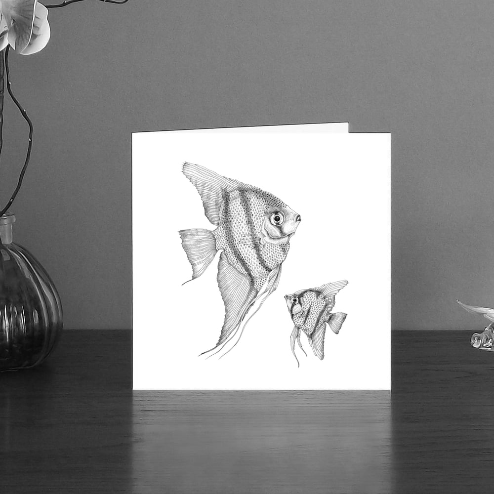 Image of Black & white art card of two Angelfish 