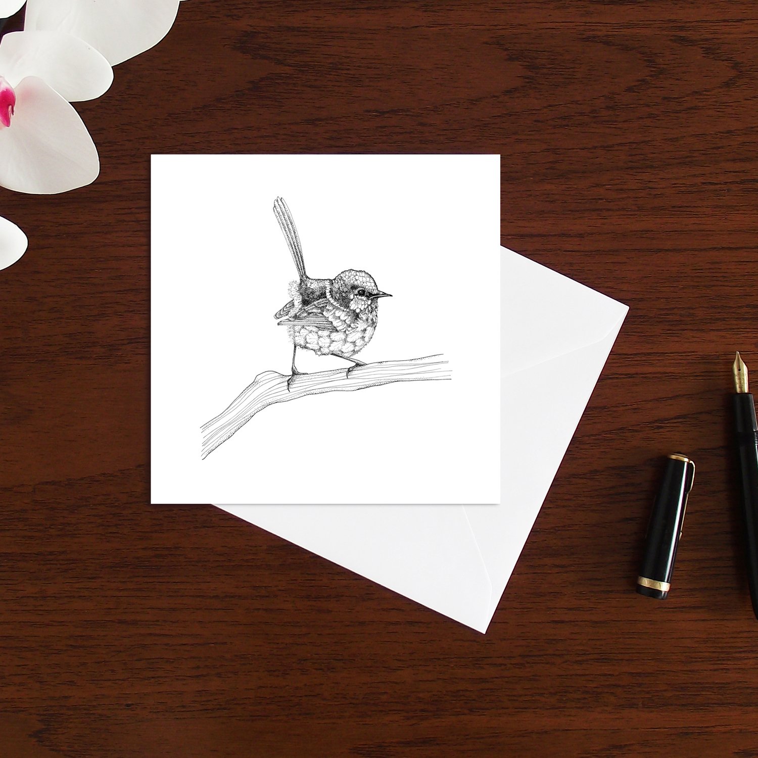 Image of Black & white art card of a Fairy wren