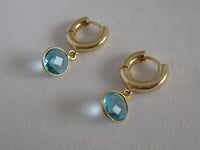 Image 3 of Pippa Middleton Inspired Chubby Gold Hoops Round Blue Topaz Drop Earrings