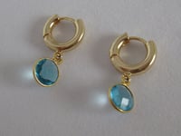 Image 1 of Pippa Middleton Inspired Chubby Gold Hoops Round Blue Topaz Drop Earrings