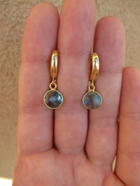 Image 5 of Pippa Middleton Inspired Chubby Gold Hoops Round Blue Topaz Drop Earrings