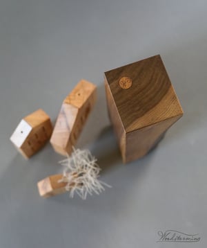 Image of Christmas home decorations - miniature houses for display and unique vase - set of 4 - beech/walnut