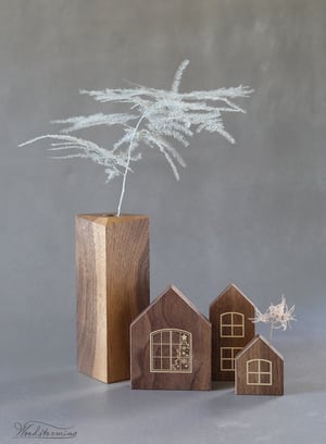 Image of Christmas home decorations - miniature houses for display and unique vase - set of 4 - walnut