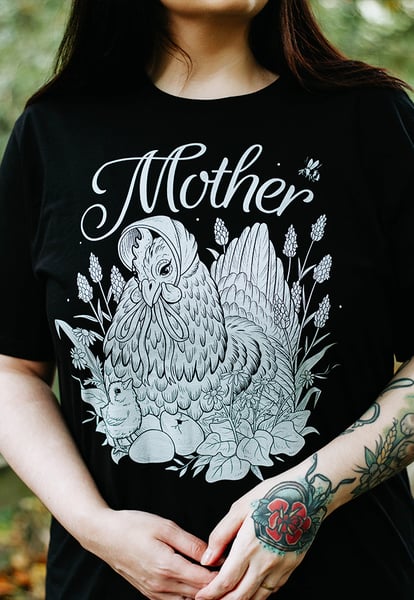Image of Mother Hen Organic T-Shirt ~ white on black