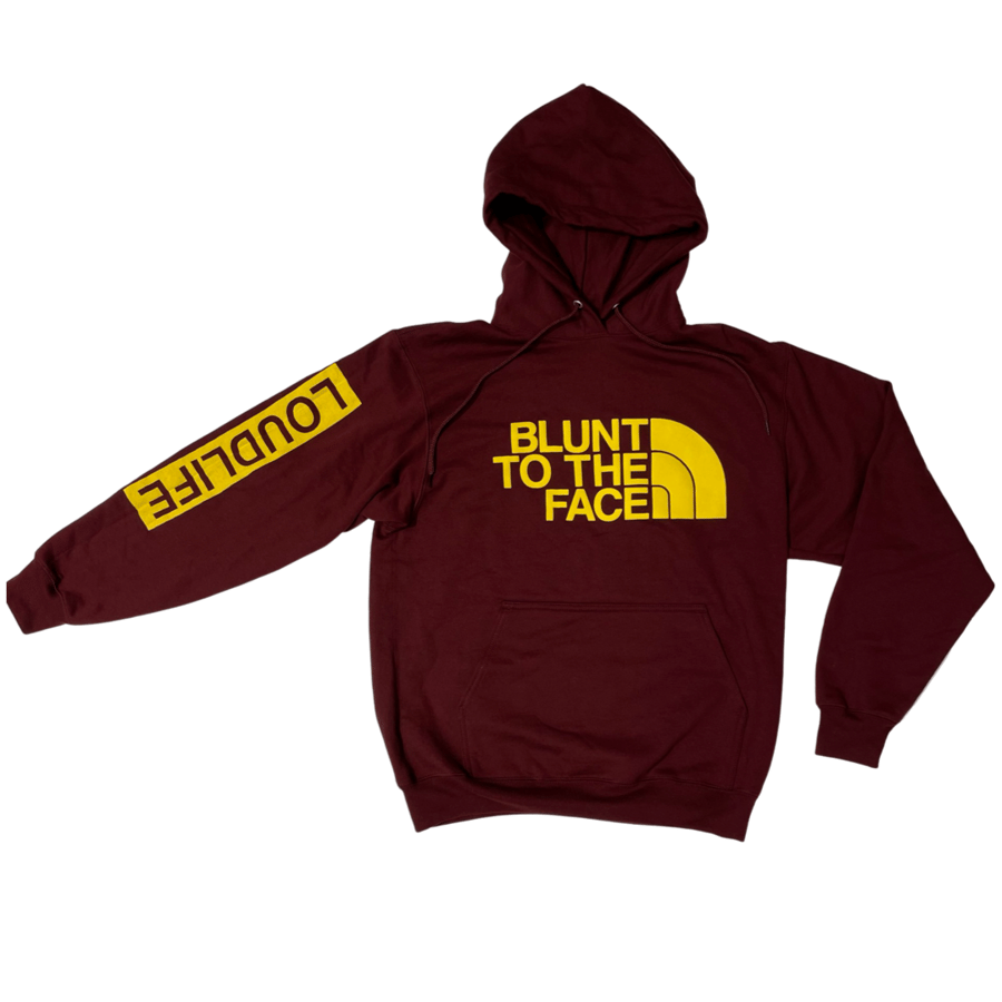 Image of Blunt to the face hoodie (maroon/yellow)