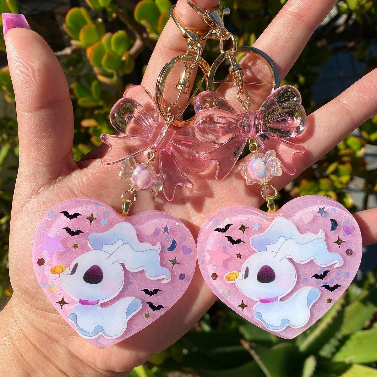 Image of Ghost Pup Pink Large Resin Heart Charm Keychain