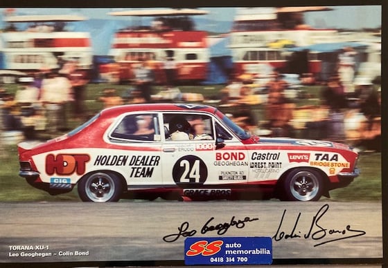 Image of Bathurst 1973 Hardie Ferodo 1000. Holden Dealer Team Torana XU-1. Signed Colin Bond & Leo Geoghegan